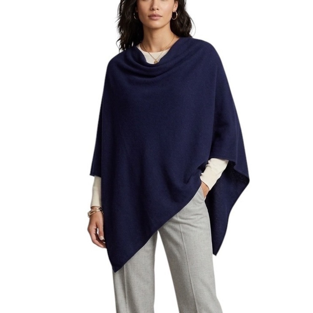 Fadivo New York Navy Cashmere Blend Cowl Neck Asymmetrical Poncho Wrap Luxury OS